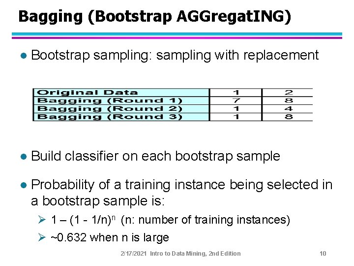 Bagging (Bootstrap AGGregat. ING) l Bootstrap sampling: sampling with replacement l Build classifier on