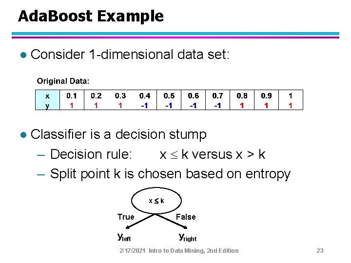 Ada. Boost Example l Consider 1 -dimensional data set: l Classifier is a decision