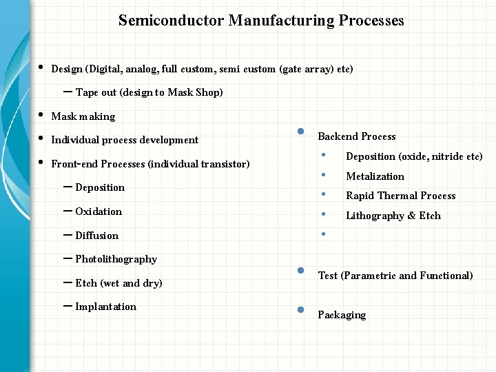 Semiconductor Manufacturing Processes • Design (Digital, analog, full custom, semi custom (gate array) etc) Semiconductor Manufacturing Processes • Design (Digital, analog, full custom, semi custom (gate array) etc)