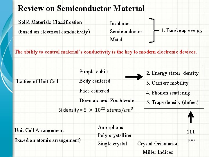 Review on Semiconductor Material Solid Materials Classification (based on electrical conductivity) Insulator 1. Band Review on Semiconductor Material Solid Materials Classification (based on electrical conductivity) Insulator 1. Band