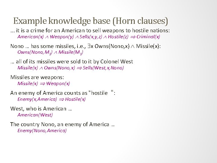 Example knowledge base (Horn clauses). . . it is a crime for an American Example knowledge base (Horn clauses). . . it is a crime for an American