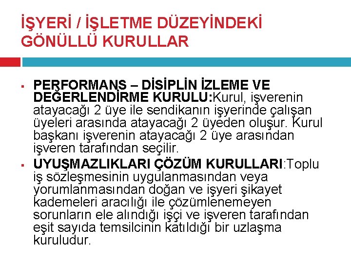 İŞYERİ / İŞLETME DÜZEYİNDEKİ GÖNÜLLÜ KURULLAR § § PERFORMANS – DİSİPLİN İZLEME VE DEĞERLENDİRME