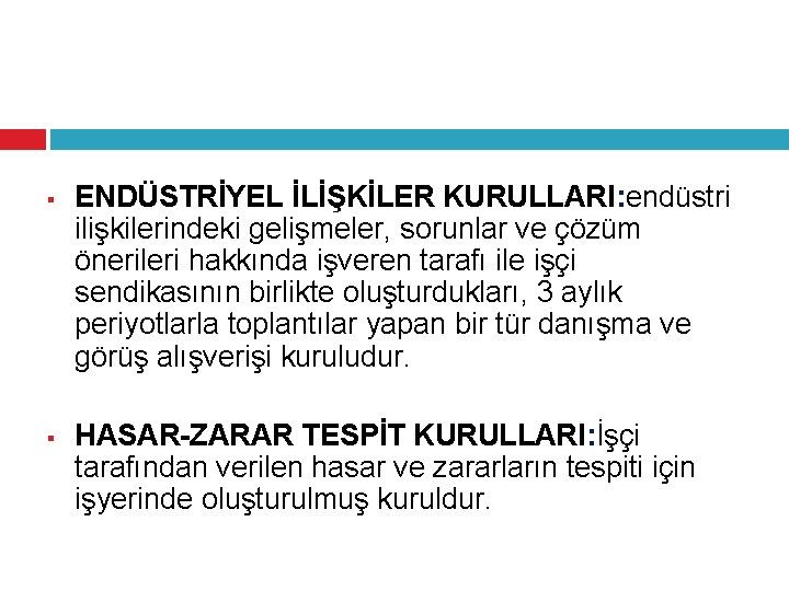 § § ENDÜSTRİYEL İLİŞKİLER KURULLARI: endüstri ilişkilerindeki gelişmeler, sorunlar ve çözüm önerileri hakkında işveren