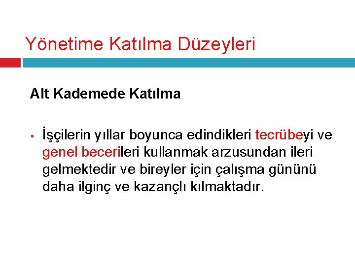 Yönetime Katılma Düzeyleri Alt Kademede Katılma § İşçilerin yıllar boyunca edindikleri tecrübeyi ve genel