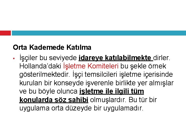 Orta Kademede Katılma § İşçiler bu seviyede idareye katılabilmekte dirler. Hollanda’daki İşletme Komiteleri bu