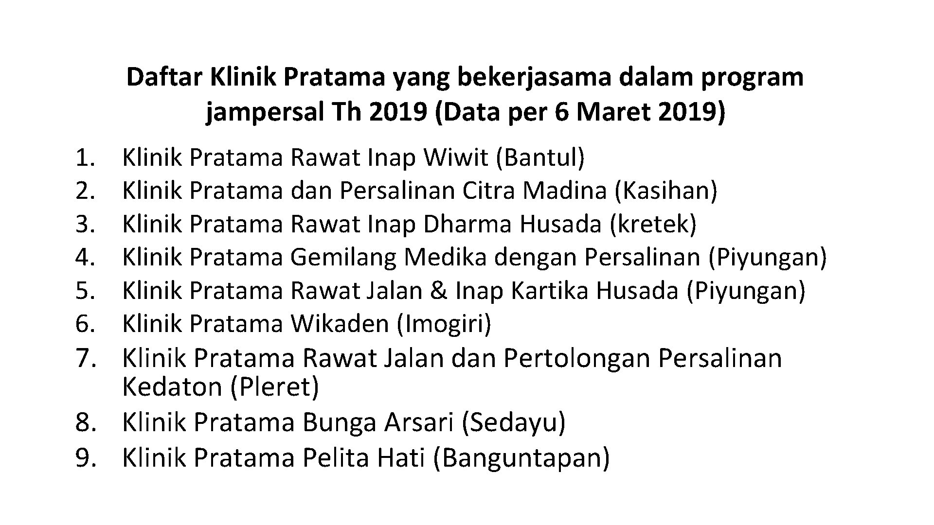 Daftar Klinik Pratama yang bekerjasama dalam program jampersal Th 2019 (Data per 6 Maret