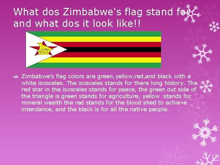What dos Zimbabwe's flag stand for and what dos it look like!! Zimbabwe's flag