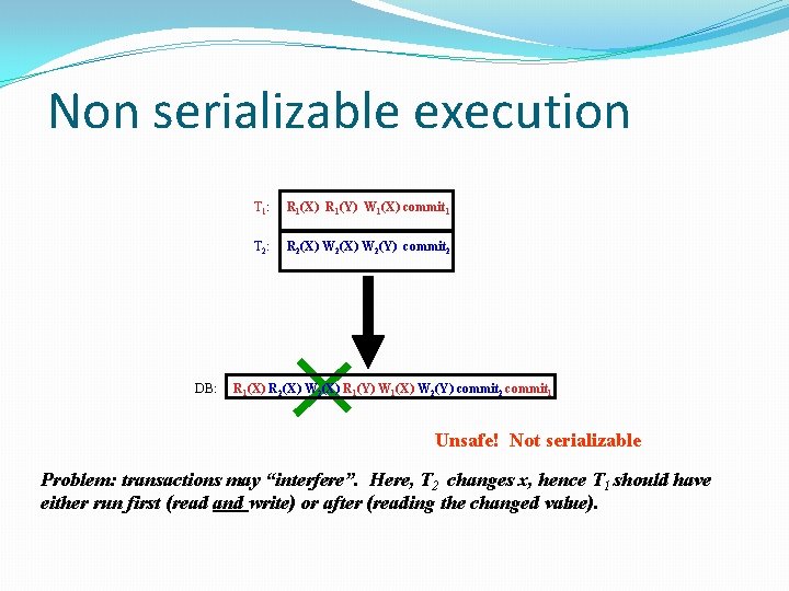 Non serializable execution DB: T 1: R 1(X) R 1(Y) W 1(X) commit 1