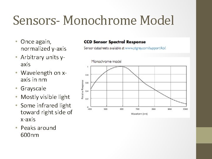 Sensors- Monochrome Model • Once again, normalized y-axis • Arbitrary units yaxis • Wavelength