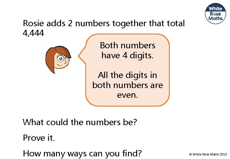 Rosie adds 2 numbers together that total 4, 444 Both numbers have 4 digits.