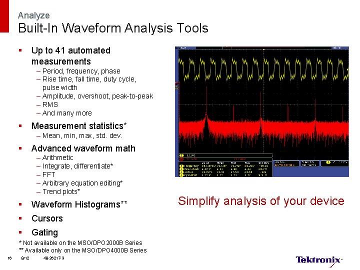 Analyze Built-In Waveform Analysis Tools § Up to 41 automated measurements – Period, frequency,