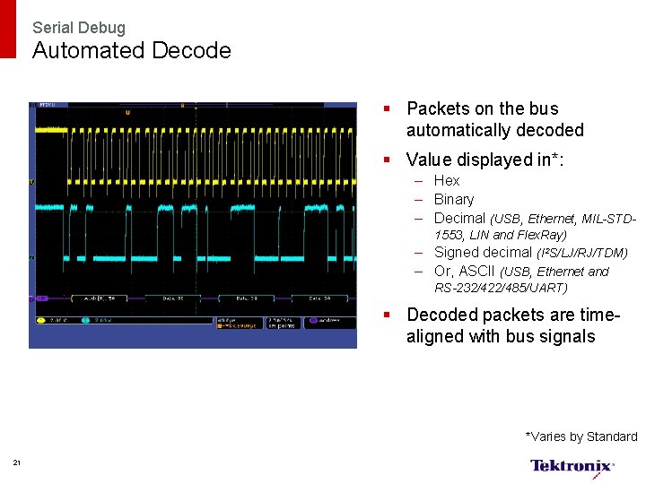 Serial Debug Automated Decode § Packets on the bus automatically decoded § Value displayed
