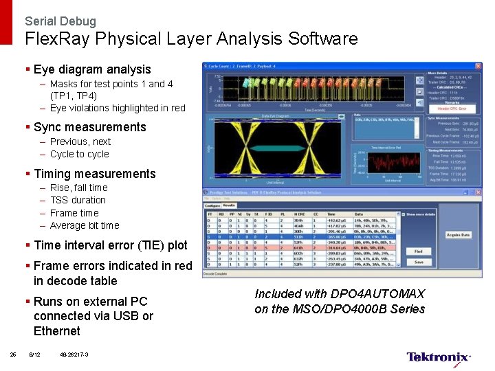 Serial Debug Flex. Ray Physical Layer Analysis Software § Eye diagram analysis – Masks