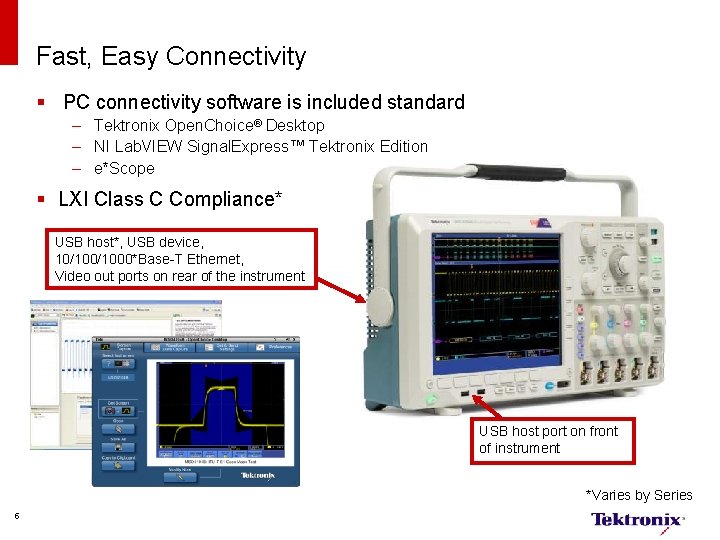 Fast, Easy Connectivity § PC connectivity software is included standard – Tektronix Open. Choice®