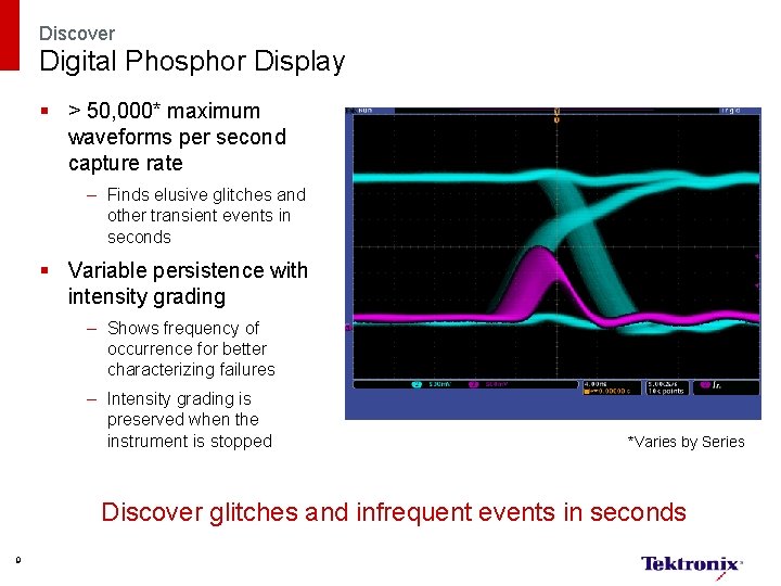 Discover Digital Phosphor Display § > 50, 000* maximum waveforms per second capture rate