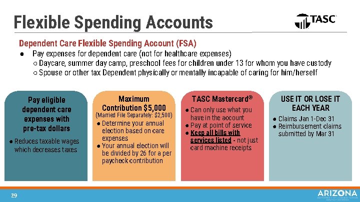 Flexible Spending Accounts Dependent Care Flexible Spending Account (FSA) ● Pay expenses for dependent