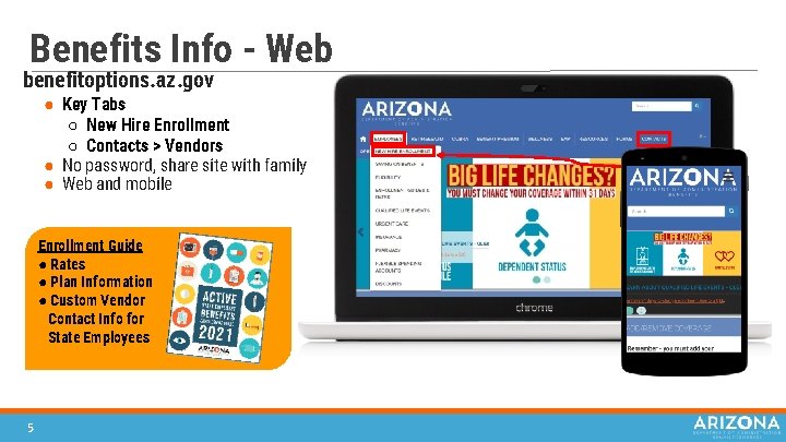 Benefits Info - Web benefitoptions. az. gov ● Key Tabs ○ New Hire Enrollment