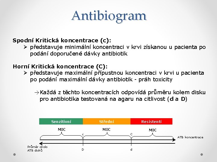 Antibiogram Spodní Kritická koncentrace (c): Ø představuje minimální koncentraci v krvi získanou u pacienta
