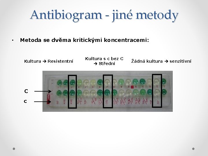 Antibiogram - jiné metody • Metoda se dvěma kritickými koncentracemi: Kultura Resistentní C c