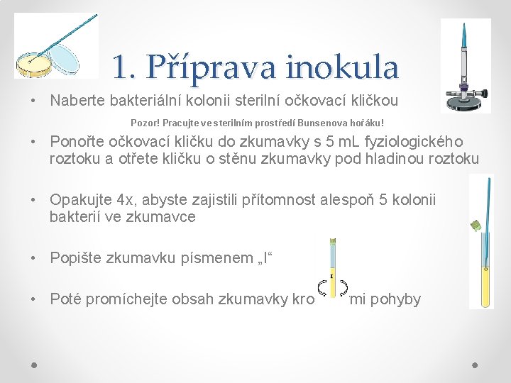 1. Příprava inokula • Naberte bakteriální kolonii sterilní očkovací kličkou Pozor! Pracujte ve sterilním