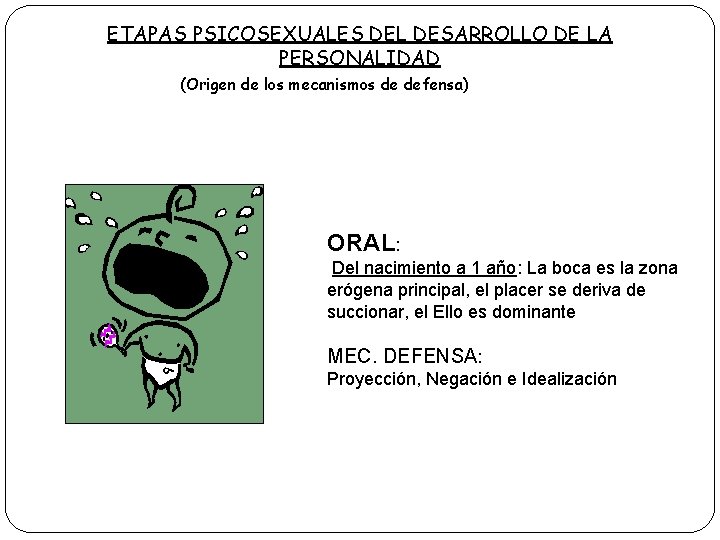 ETAPAS PSICOSEXUALES DEL DESARROLLO DE LA PERSONALIDAD (Origen de los mecanismos de defensa) ORAL: