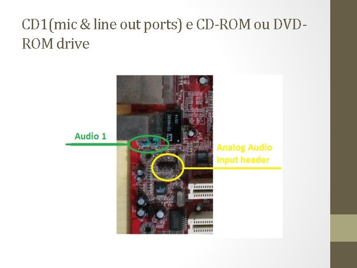 CD 1(mic & line out ports) e CD-ROM ou DVDROM drive 