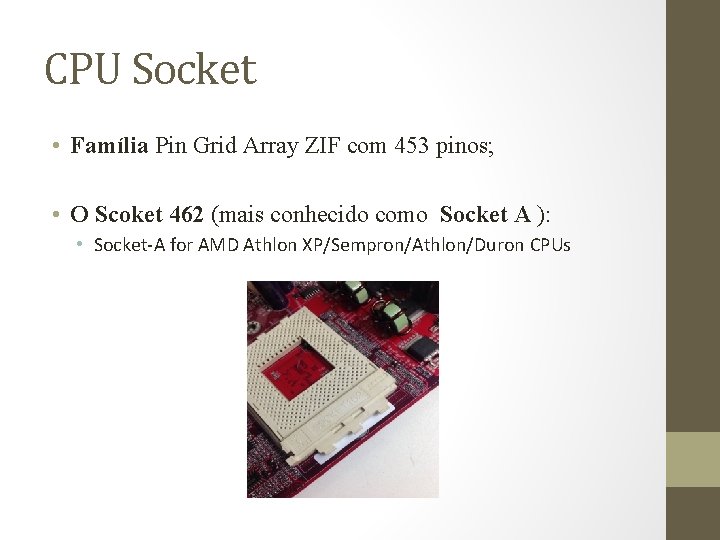 CPU Socket • Família Pin Grid Array ZIF com 453 pinos; • O Scoket