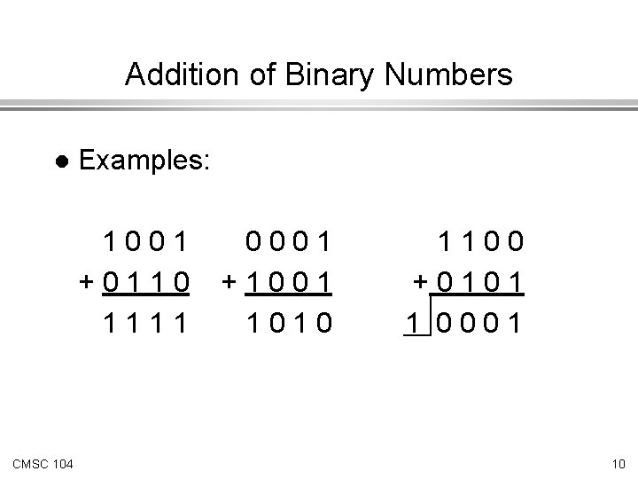 Addition of Binary Numbers l Examples: 1001 +0110 1111 CMSC 104 0001 +1001 1010 Addition of Binary Numbers l Examples: 1001 +0110 1111 CMSC 104 0001 +1001 1010