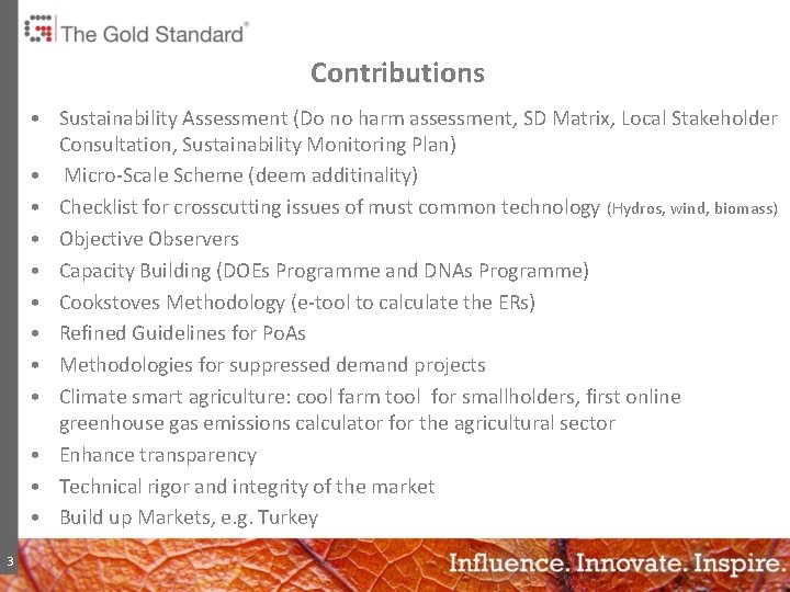 Contributions • Sustainability Assessment (Do no harm assessment, SD Matrix, Local Stakeholder Consultation, Sustainability