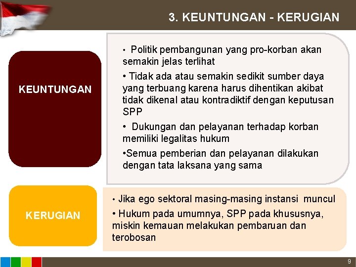 3. KEUNTUNGAN - KERUGIAN • Politik pembangunan yang pro-korban akan semakin jelas terlihat KEUNTUNGAN