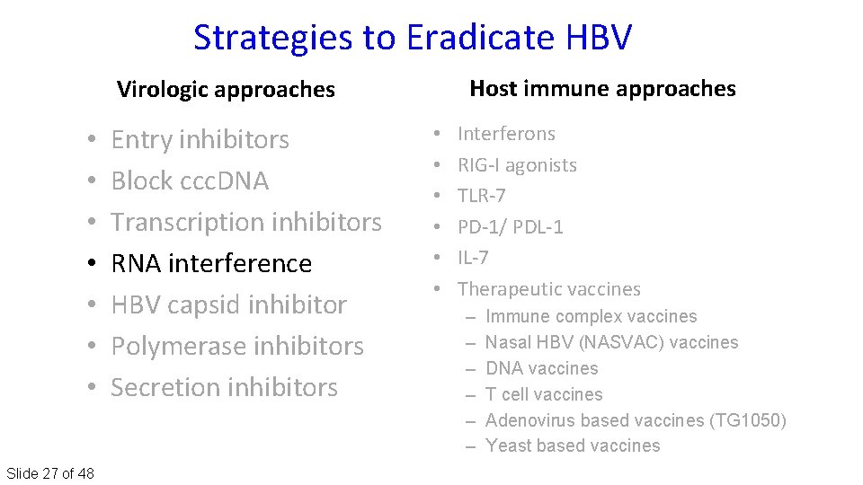 Strategies to Eradicate HBV Host immune approaches Virologic approaches • • Slide 27 of