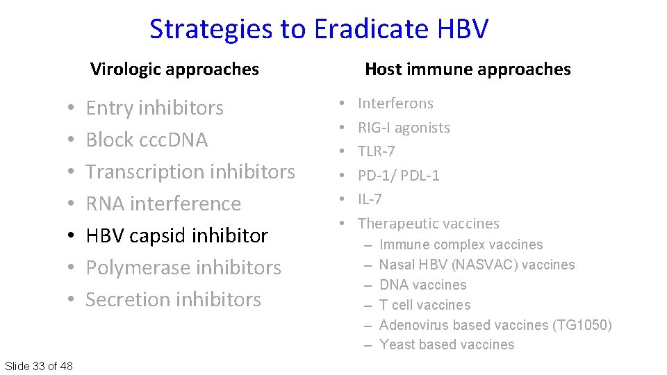 Strategies to Eradicate HBV Virologic approaches • • Slide 33 of 48 Entry inhibitors