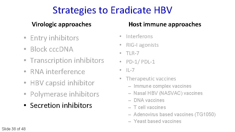 Strategies to Eradicate HBV Virologic approaches • • Slide 38 of 48 Entry inhibitors