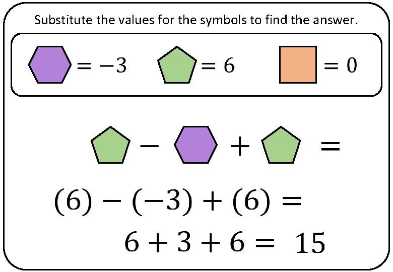 Substitute the values for the symbols to find the answer. 