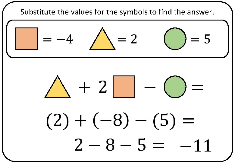 Substitute the values for the symbols to find the answer. 