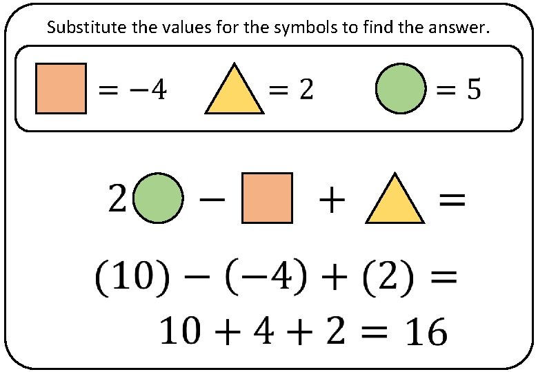 Substitute the values for the symbols to find the answer. 