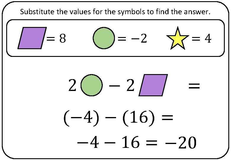 Substitute the values for the symbols to find the answer. 