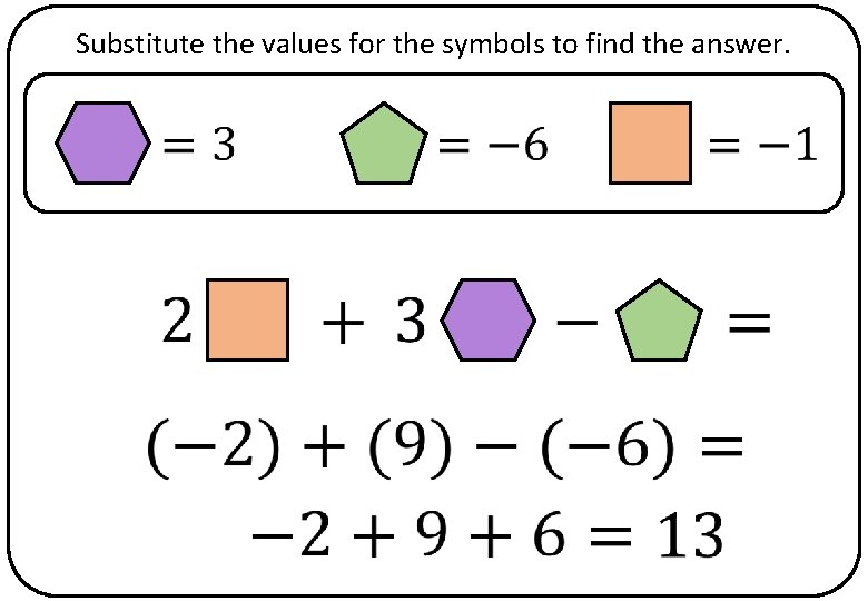 Substitute the values for the symbols to find the answer. 