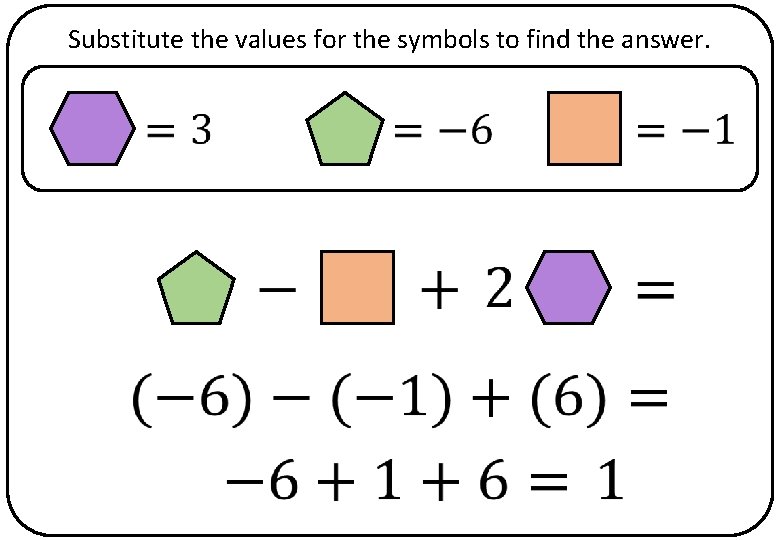 Substitute the values for the symbols to find the answer. 