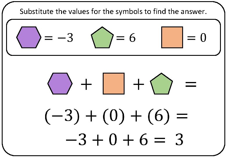 Substitute the values for the symbols to find the answer. 