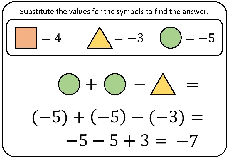 Substitute the values for the symbols to find the answer. 