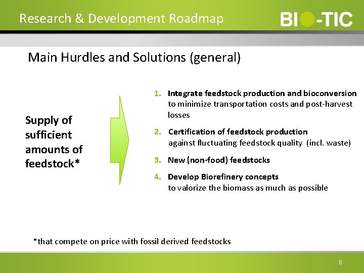 Research & Development Roadmap Main Hurdles and Solutions (general) Supply of sufficient amounts of