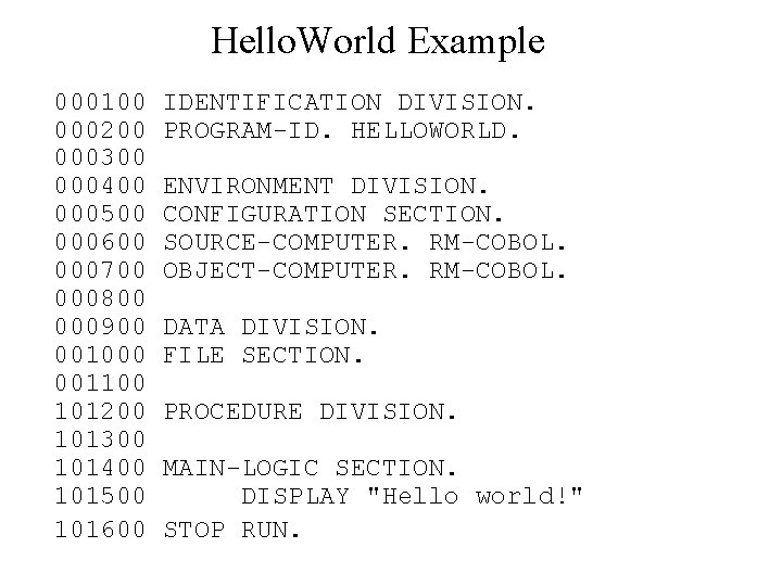 Hello. World Example 000100 000200 000300 000400 000500 000600 000700 000800 000900 001000 001100