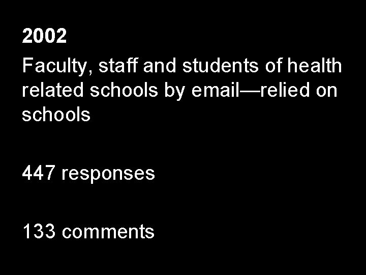 2002 Faculty, staff and students of health related schools by email—relied on schools 447