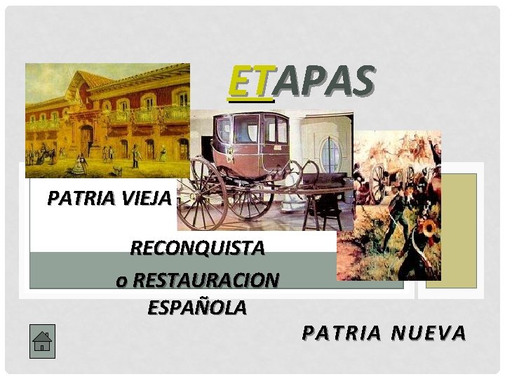 ETAPAS PATRIA VIEJA RECONQUISTA o RESTAURACION ESPAÑOLA PATRIA NUEVA 
