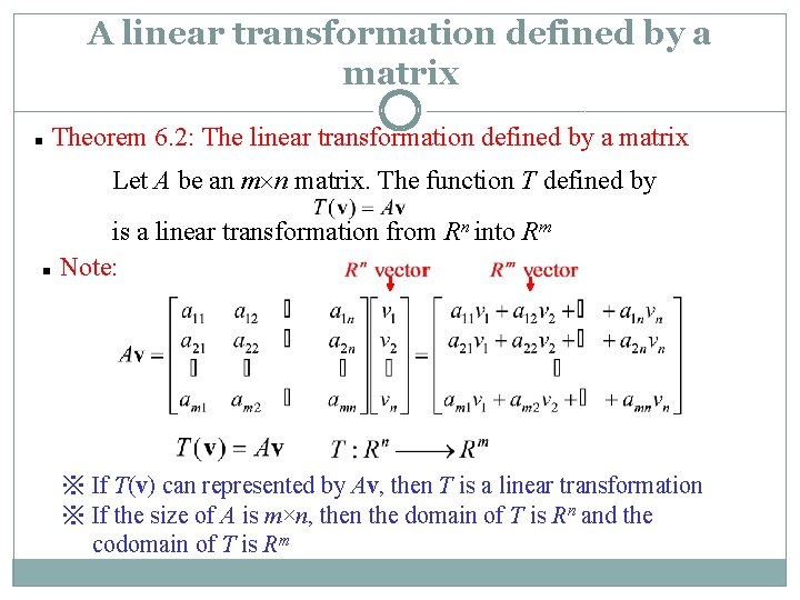 A linear transformation defined by a matrix n Theorem 6. 2: The linear transformation