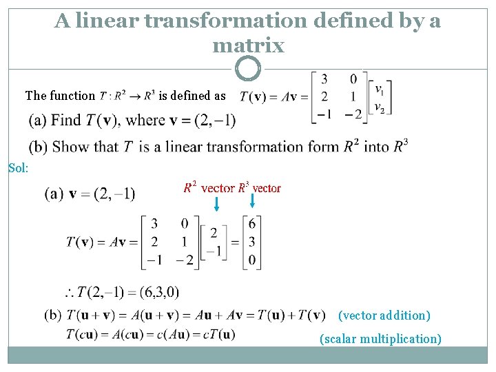 A linear transformation defined by a matrix The function is defined as Sol: (vector