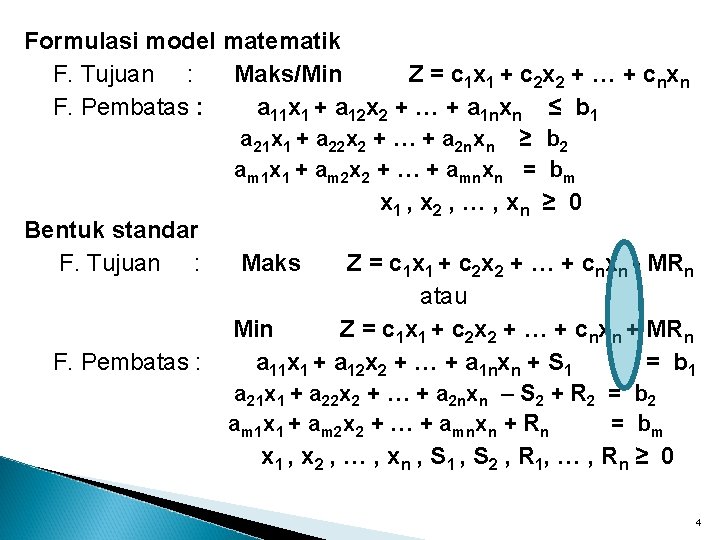 Formulasi model matematik F. Tujuan : Maks/Min Z = c 1 x 1 +