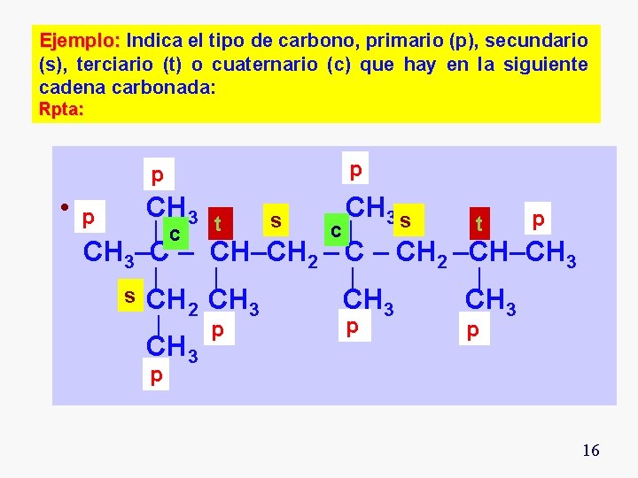 Ejemplo: Indica el tipo de carbono, primario (p), secundario (s), terciario (t) o cuaternario