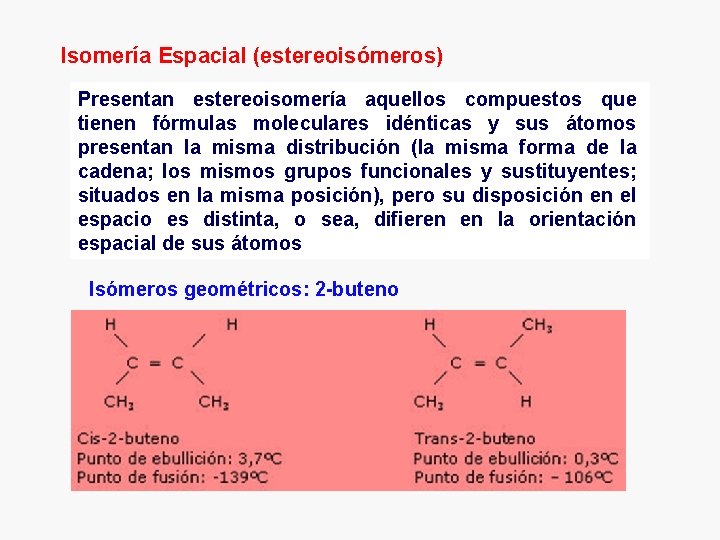 Isomería Espacial (estereoisómeros) Presentan estereoisomería aquellos compuestos que tienen fórmulas moleculares idénticas y sus